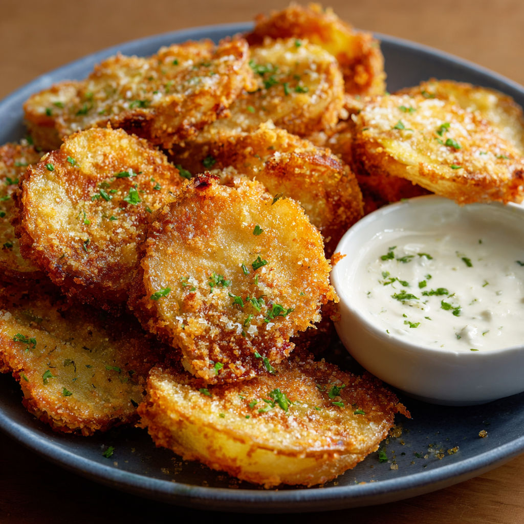 A plate of fried potatoes with a dipping sauce on the side.