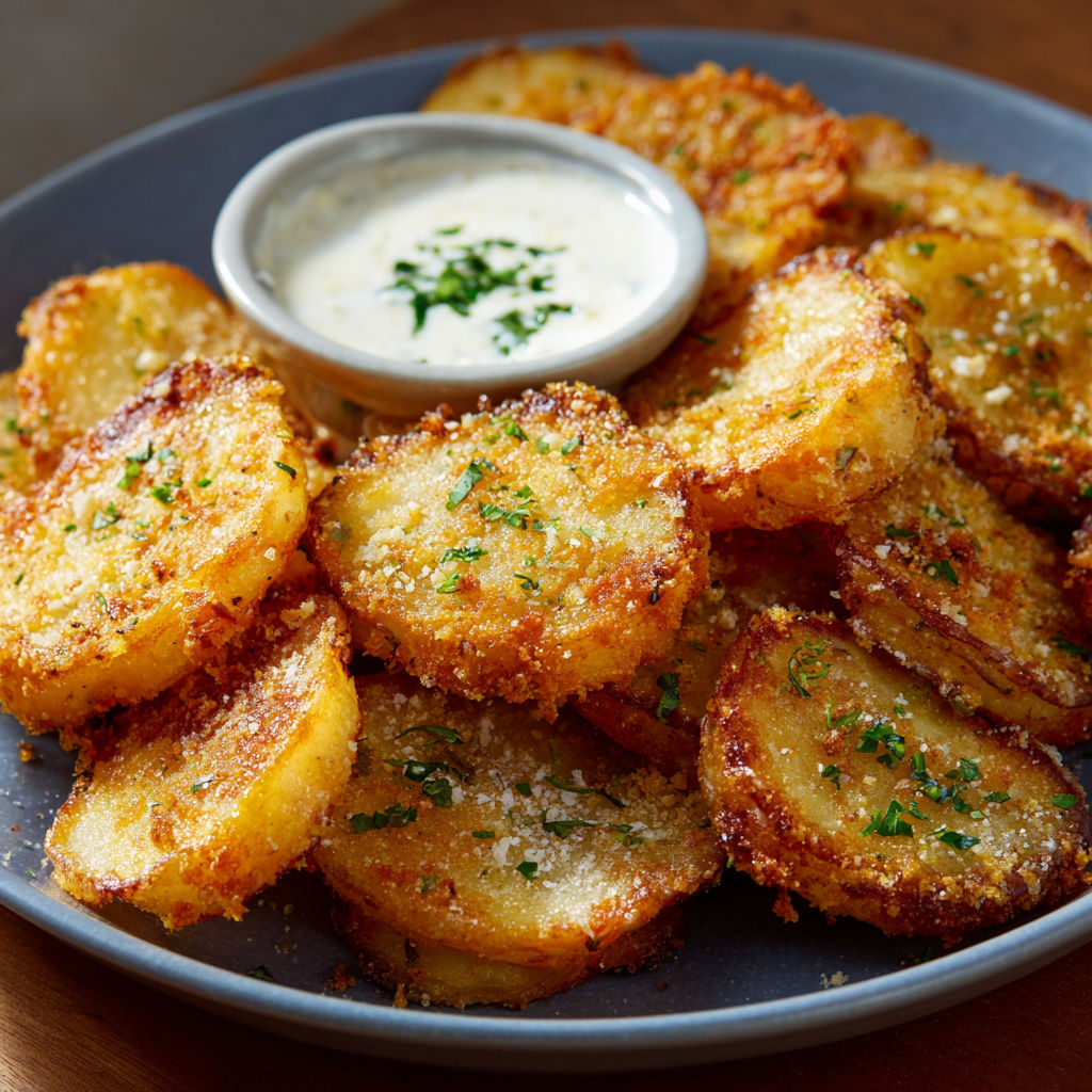 A plate of fried potatoes with a dipping sauce on the side.