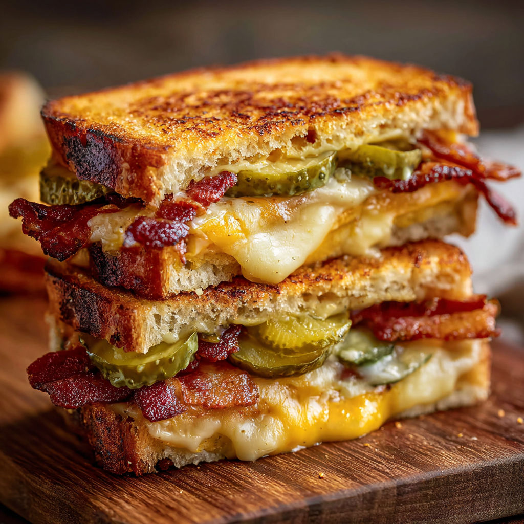 A stack of grilled cheese sandwiches with bacon and jalapenos.