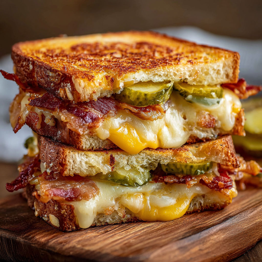 A stack of grilled cheese sandwiches with pickles and bacon.