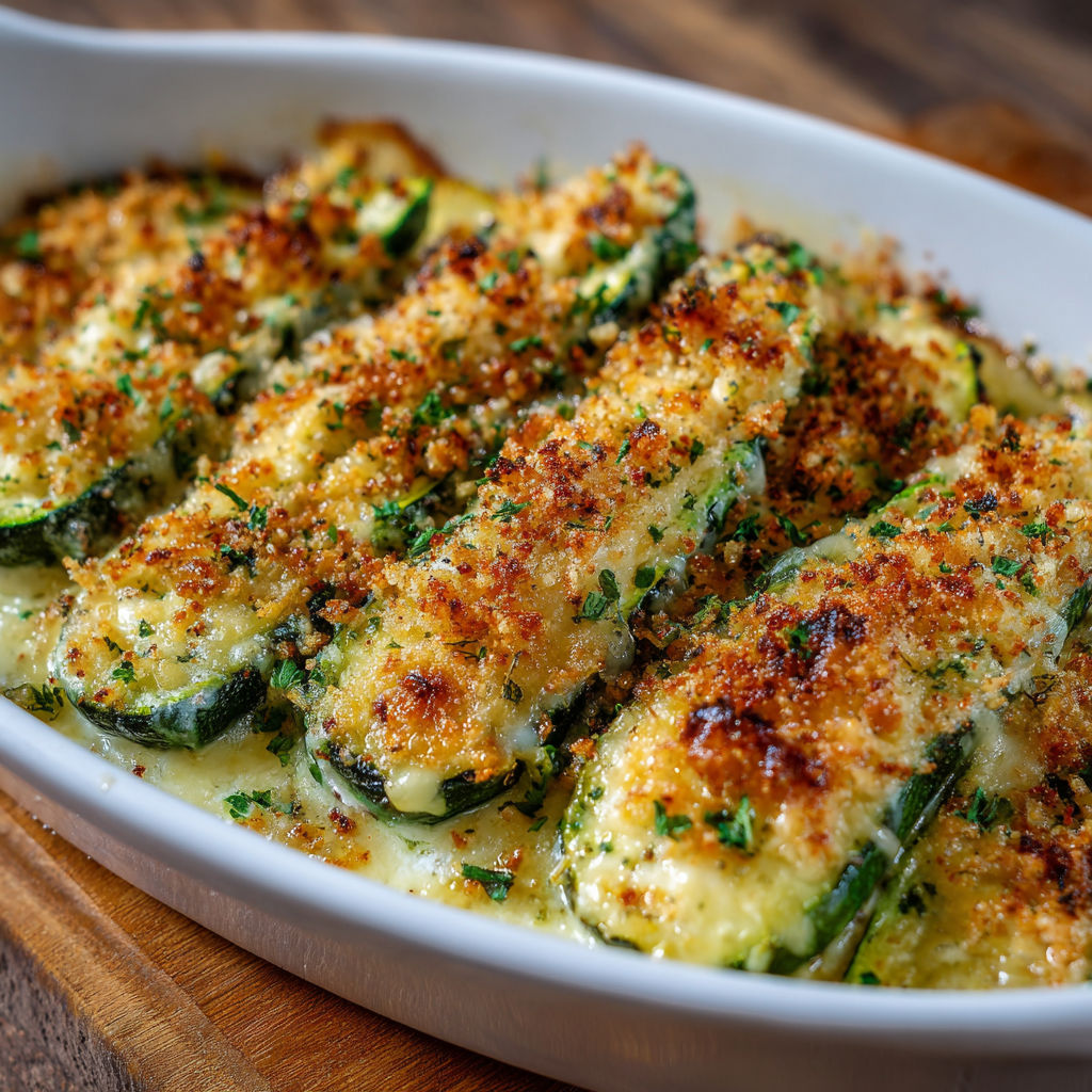 A dish of Baked Zucchini Cheese is presented on a wooden table.