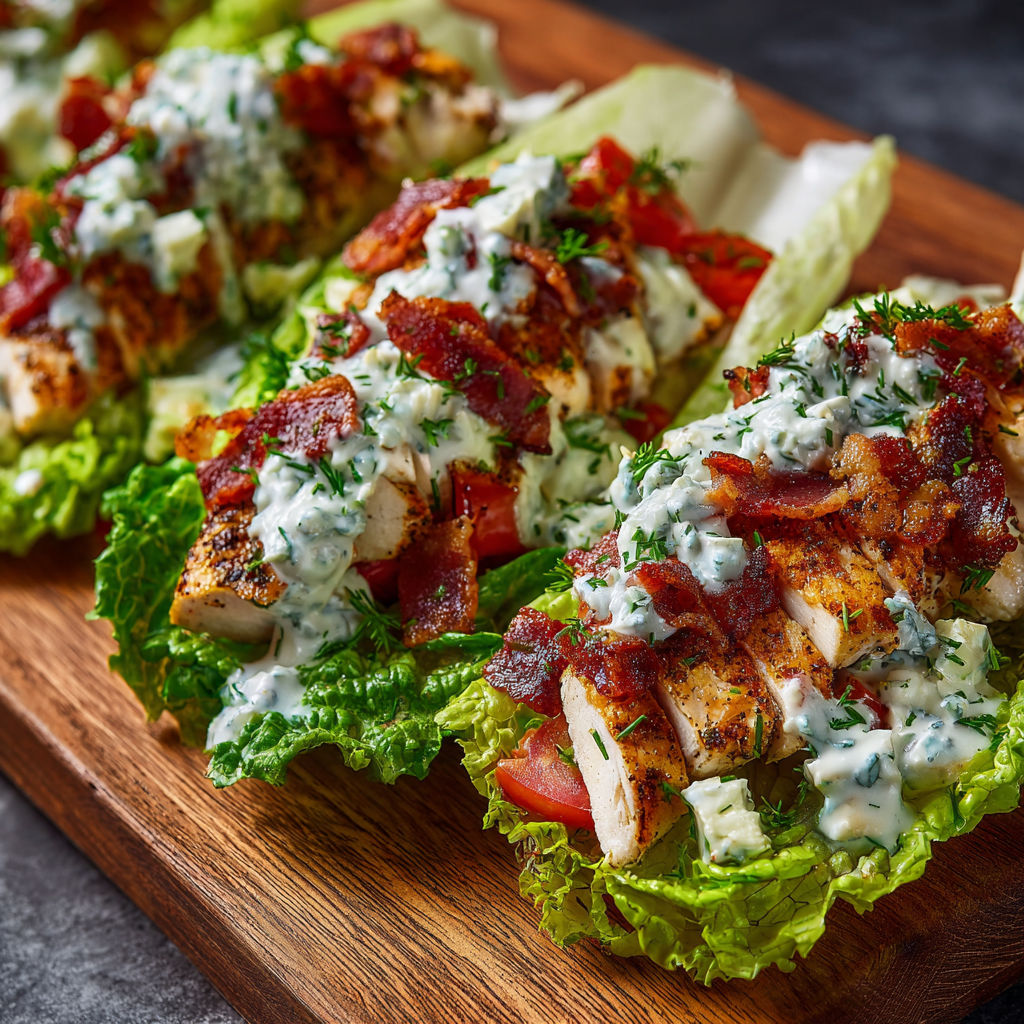 A delicious chicken salad with bacon, lettuce, tomato, and blue cheese, served on a wooden cutting board.