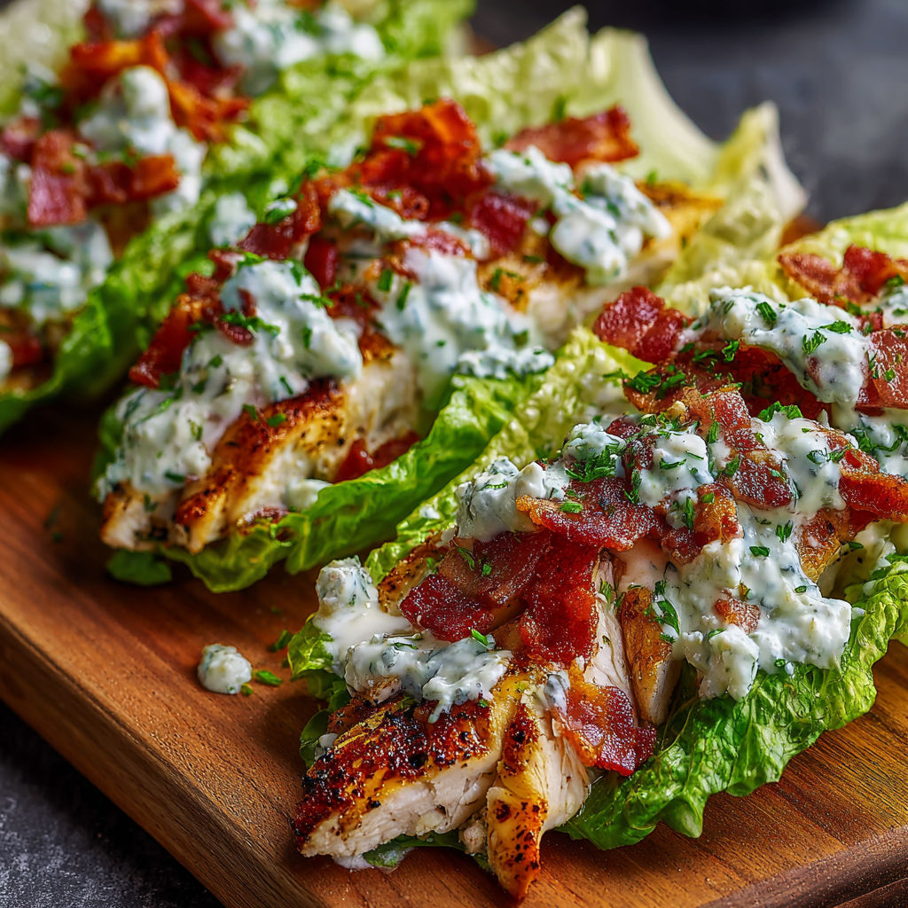 A delicious chicken salad with bacon, lettuce, and blue cheese, served on a wooden cutting board.
