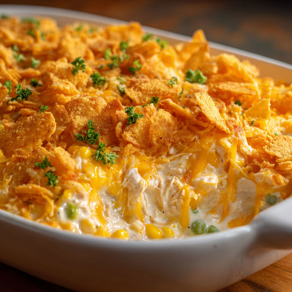 A delicious Dolly Parton Casserole is served in a white bowl.