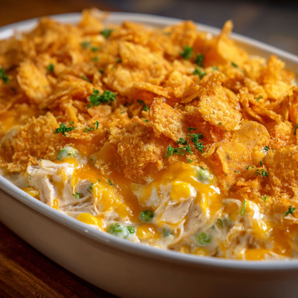 A white bowl filled with a delicious casserole, topped with crispy tortilla chips.