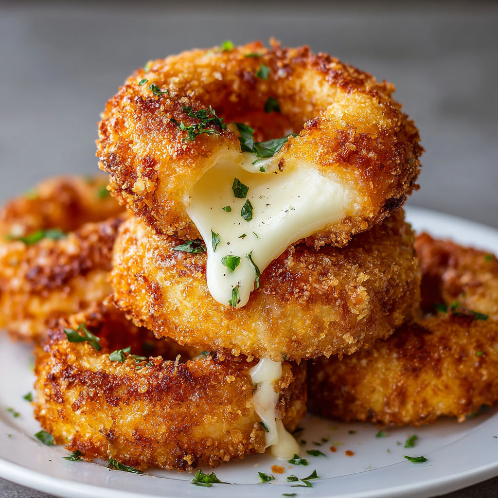 A stack of onion rings with cheese drizzled on top.
