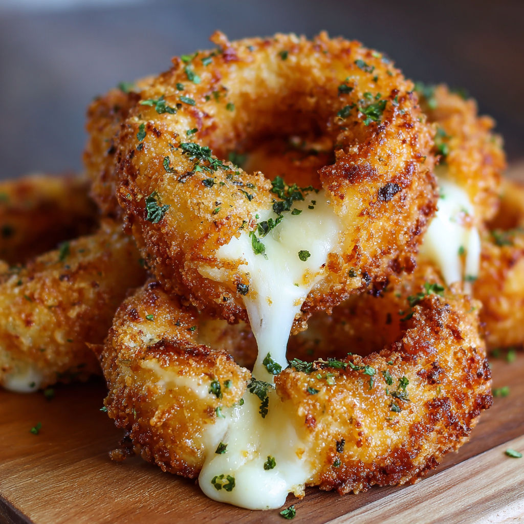 A delicious cheese-covered onion ring is served on a wooden platter.