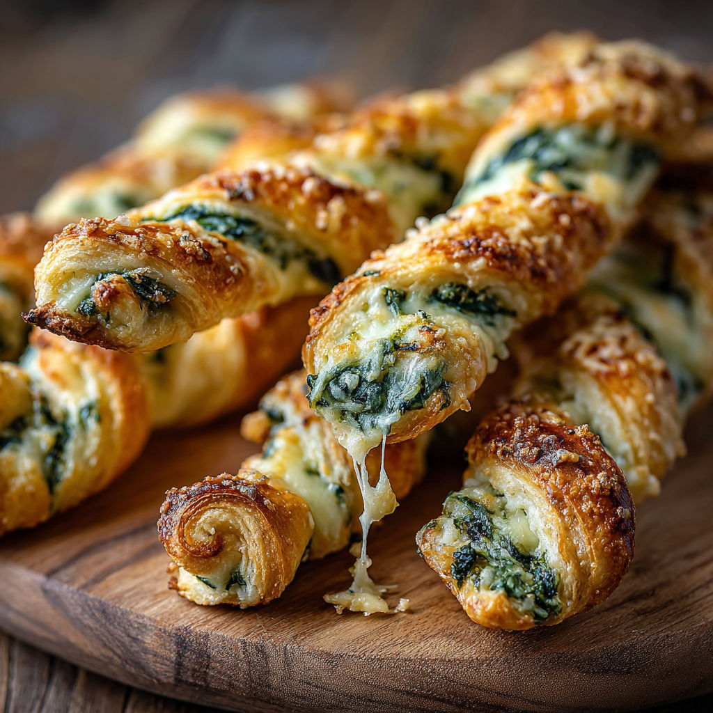 A wooden cutting board with a plate of Parmesan and Spinach Cheese Twists.