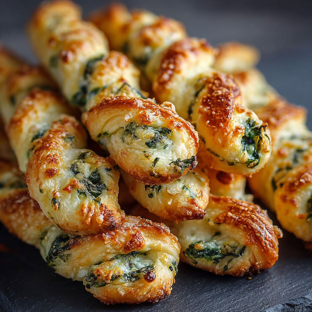 A delicious Parmesan and Spinach Cheese Twists Recipe is displayed on a table.