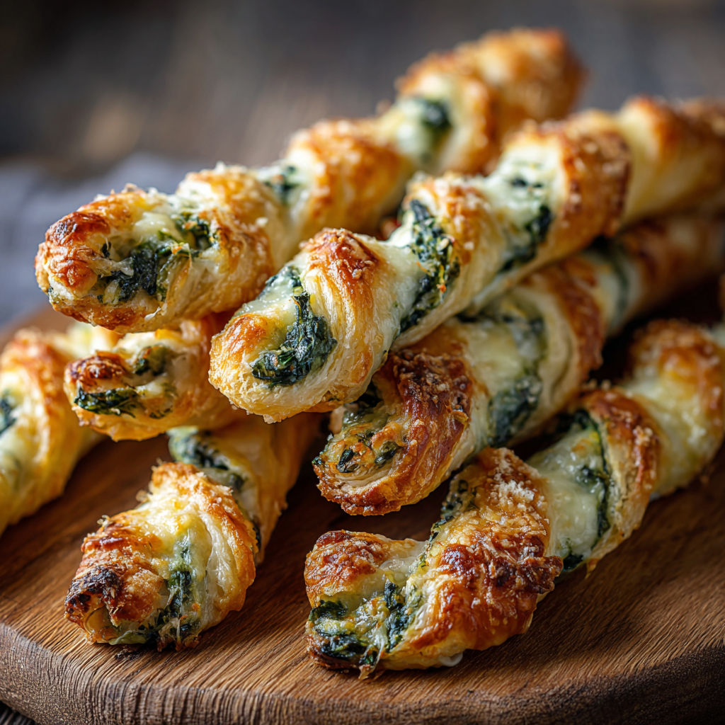 A wooden cutting board holds a delicious assortment of Parmesan and Spinach Cheese Twists, ready to be enjoyed.