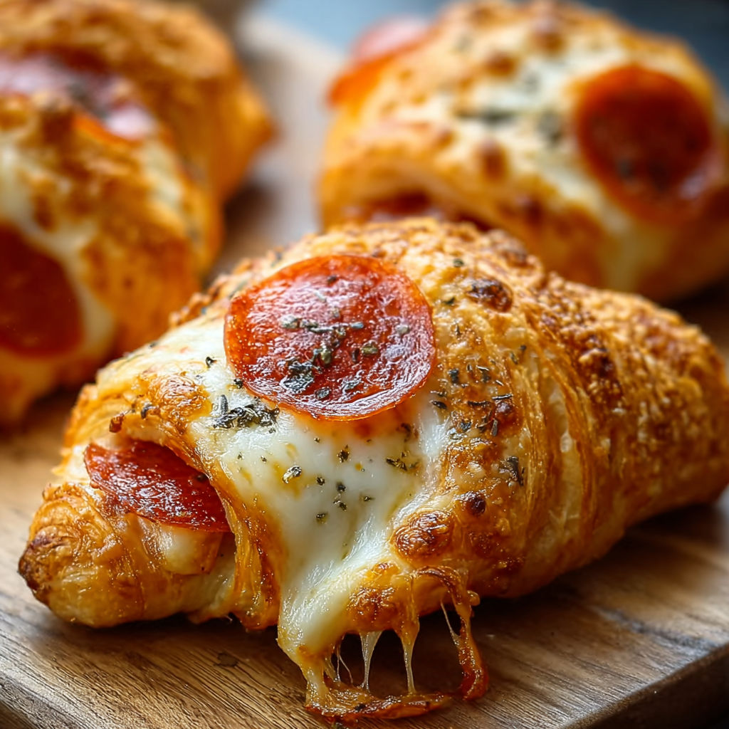 A delicious cheesy pepperoni croissant roll is ready to be eaten.