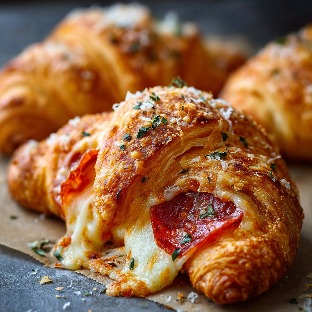 A close-up of a croissant filled with cheese and tomato sauce.