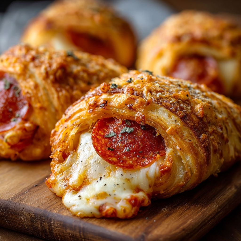 A delicious pepperoni and cheese filled pastry is displayed on a wooden cutting board.