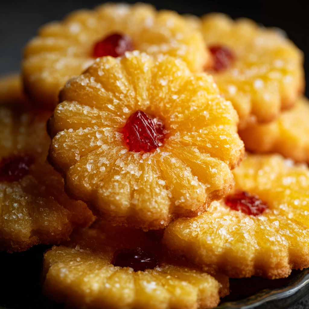 A plate of sugar cookies with pineapple upside down toppings.