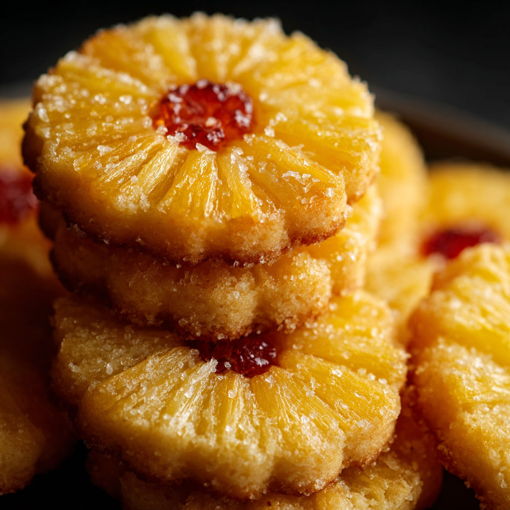 A stack of pineapple cookies with a cherry on top.