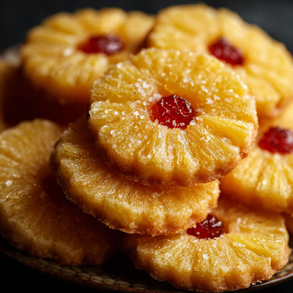 A plate of pineapple cookies with a generous amount of red jam in the center.