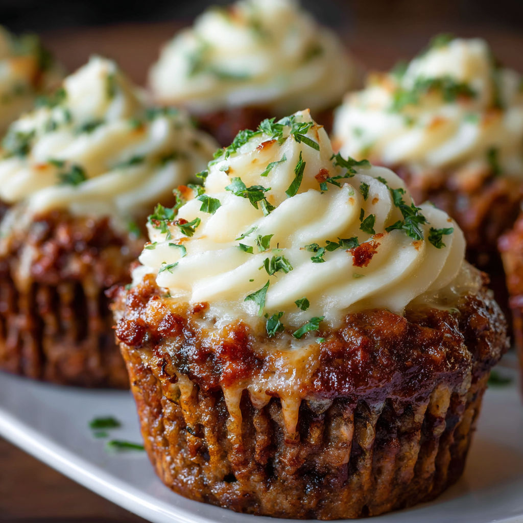 A plate of Meatloaf Cupcakes with Whipped Potato Topping.