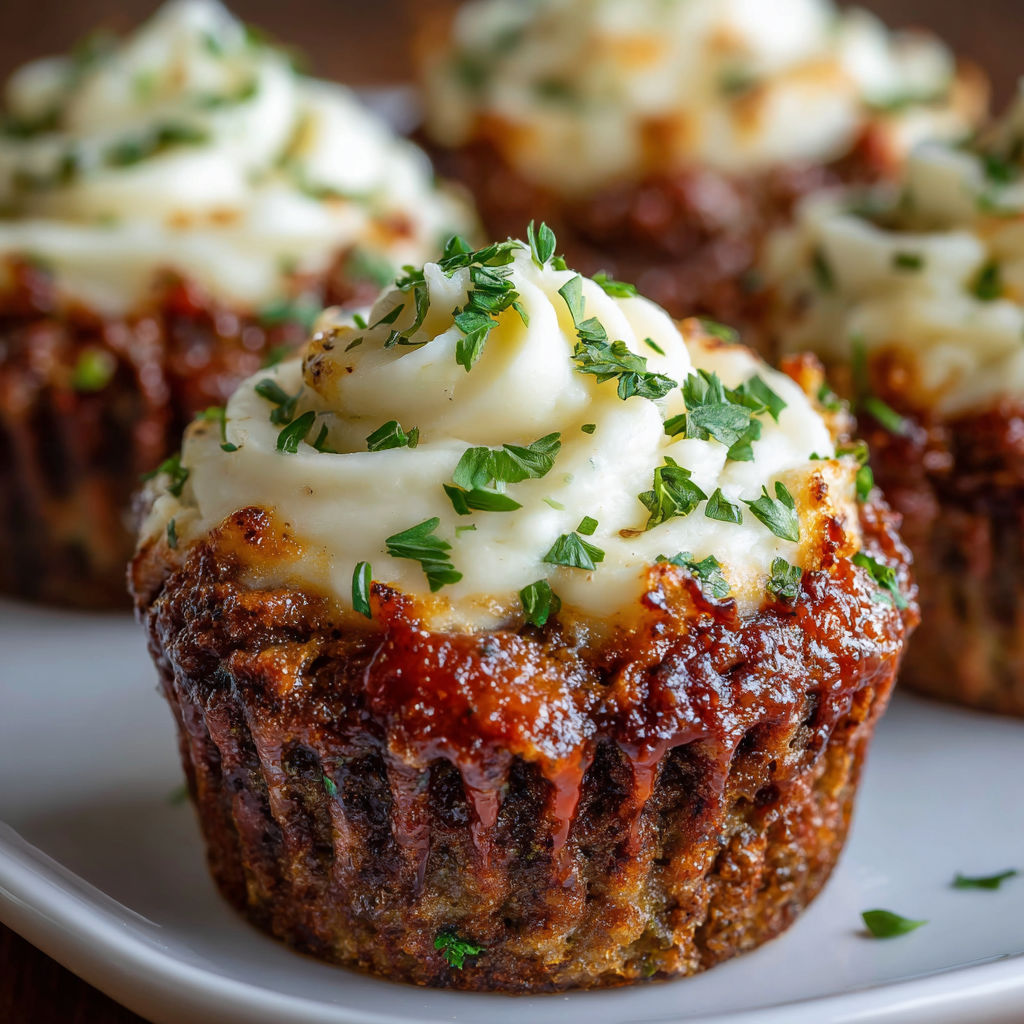 A plate of meatloaf cupcakes with whipped potato topping.