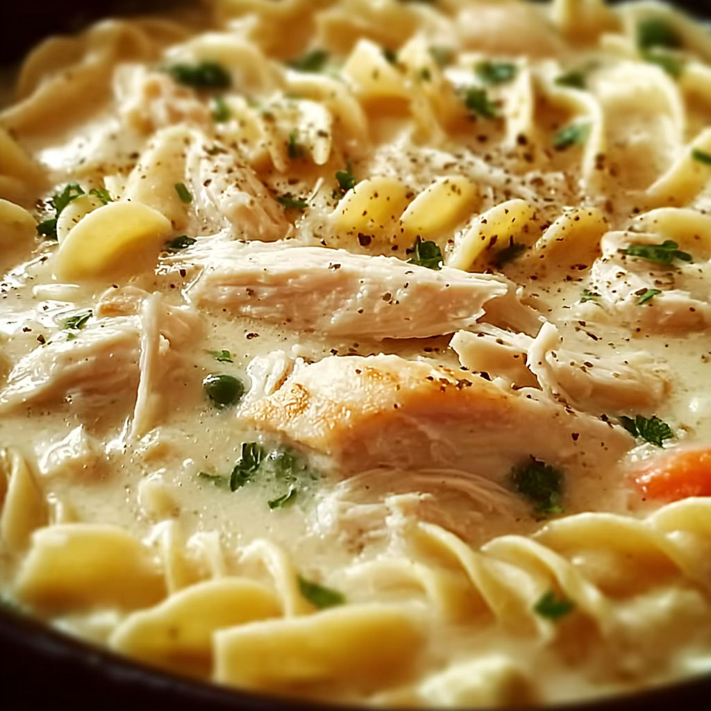A delicious Creamy Chicken & Noodles dish, filled with chicken, noodles, and a variety of vegetables, is ready to be enjoyed.