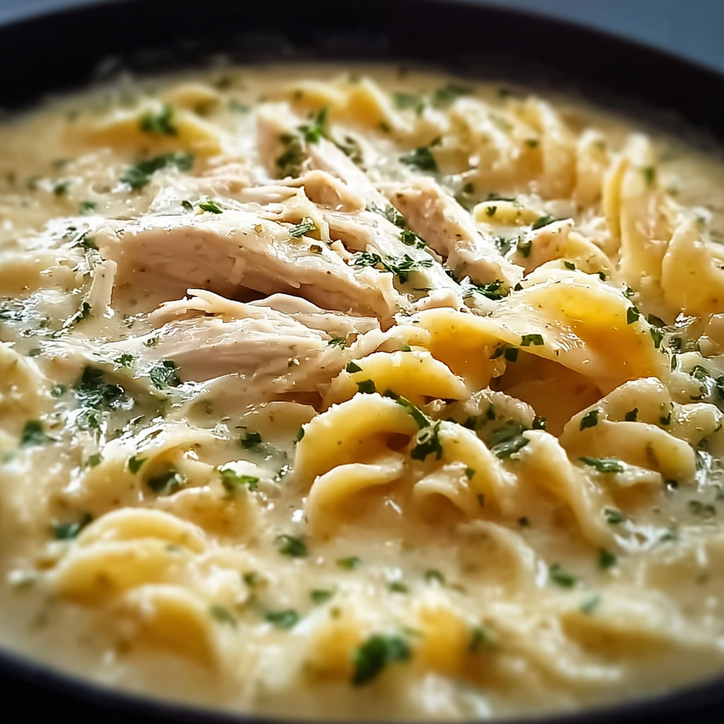A bowl of pasta with chicken and herbs, likely a chicken and pasta dish.