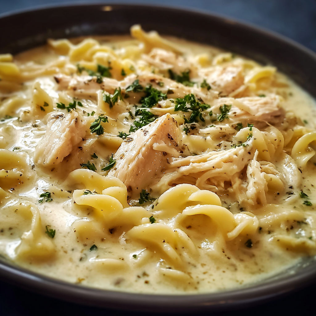 A bowl of chicken noodle soup with chicken, noodles, and herbs.
