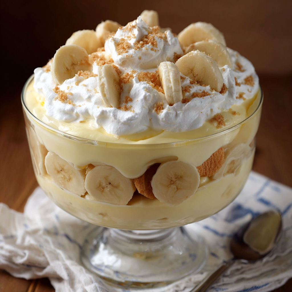 A delicious dessert called Ultimate Banana Pudding is served in a glass bowl.