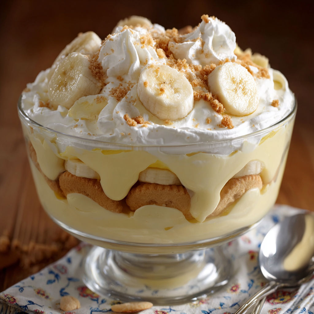 A delicious dessert in a glass bowl, topped with bananas and whipped cream.