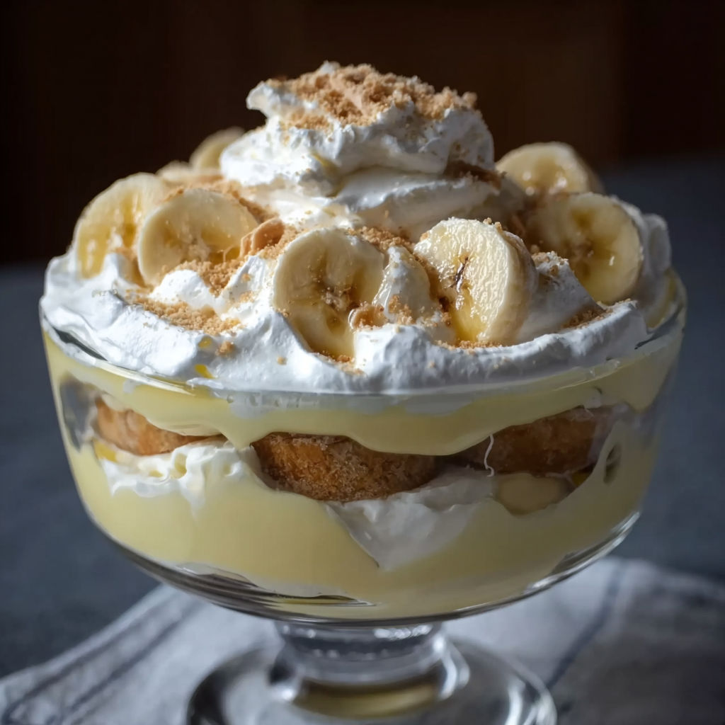 A dessert in a glass bowl with bananas and whipped cream.