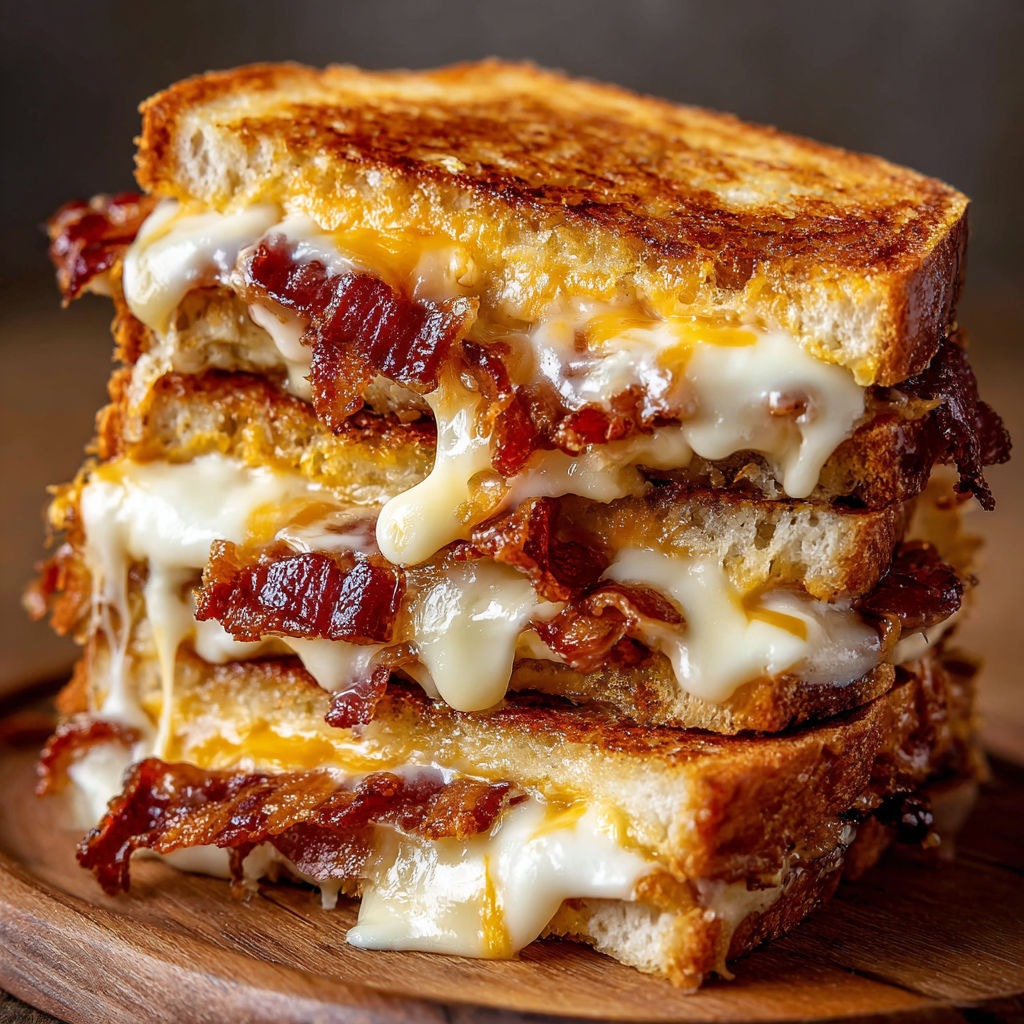 A stack of bacon and cheese sandwiches on a wooden cutting board.