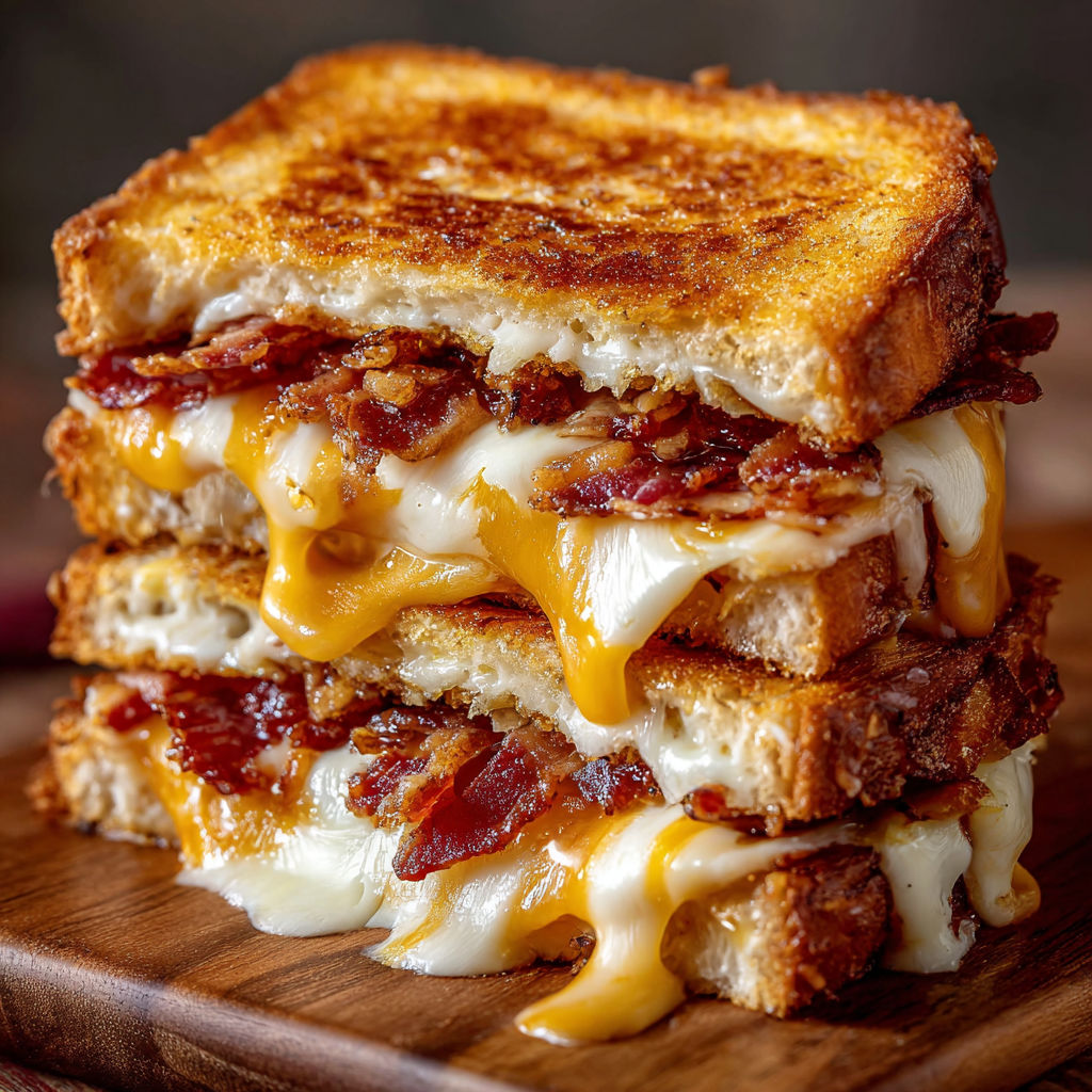 A stack of grilled cheese sandwiches with bacon on top, ready to be served.