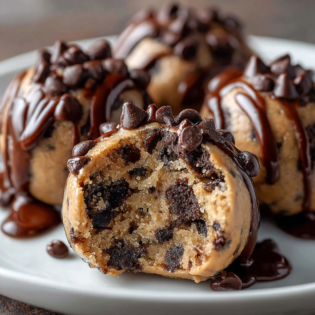 A plate of chocolate chip cookie dough brownie bombs with chocolate drizzle on top.