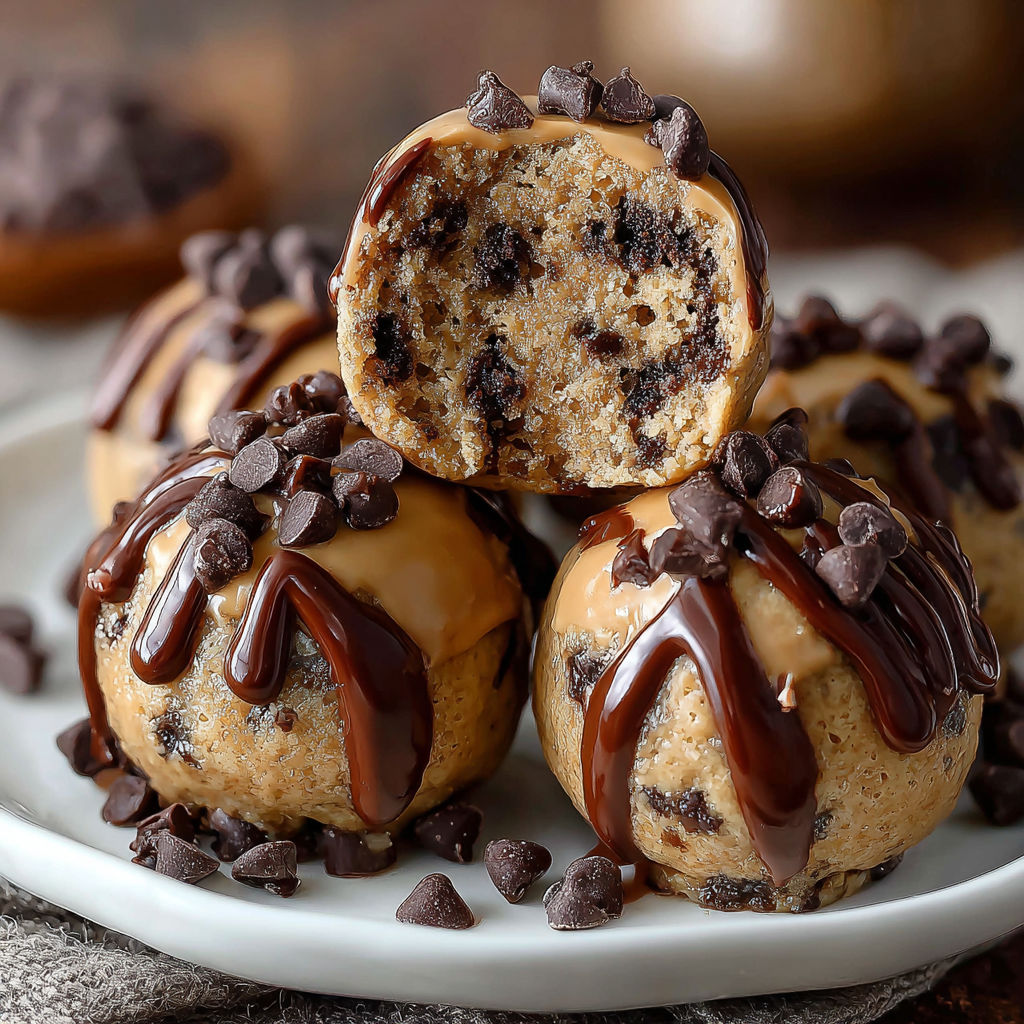 A plate of chocolate chip cookies with drizzled caramel sauce.