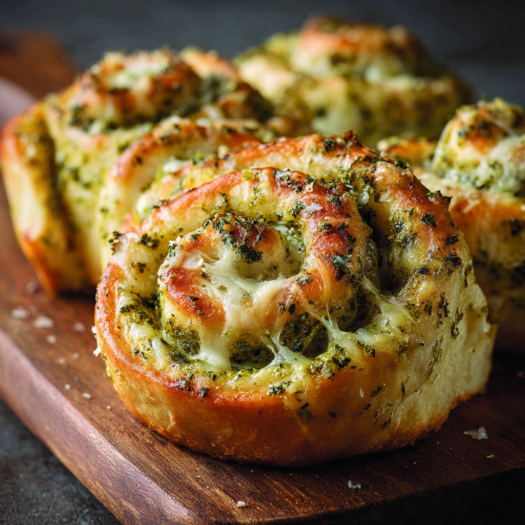 A wooden cutting board holds a delicious-looking pastry, possibly a spinach and cheese roll, ready to be served.