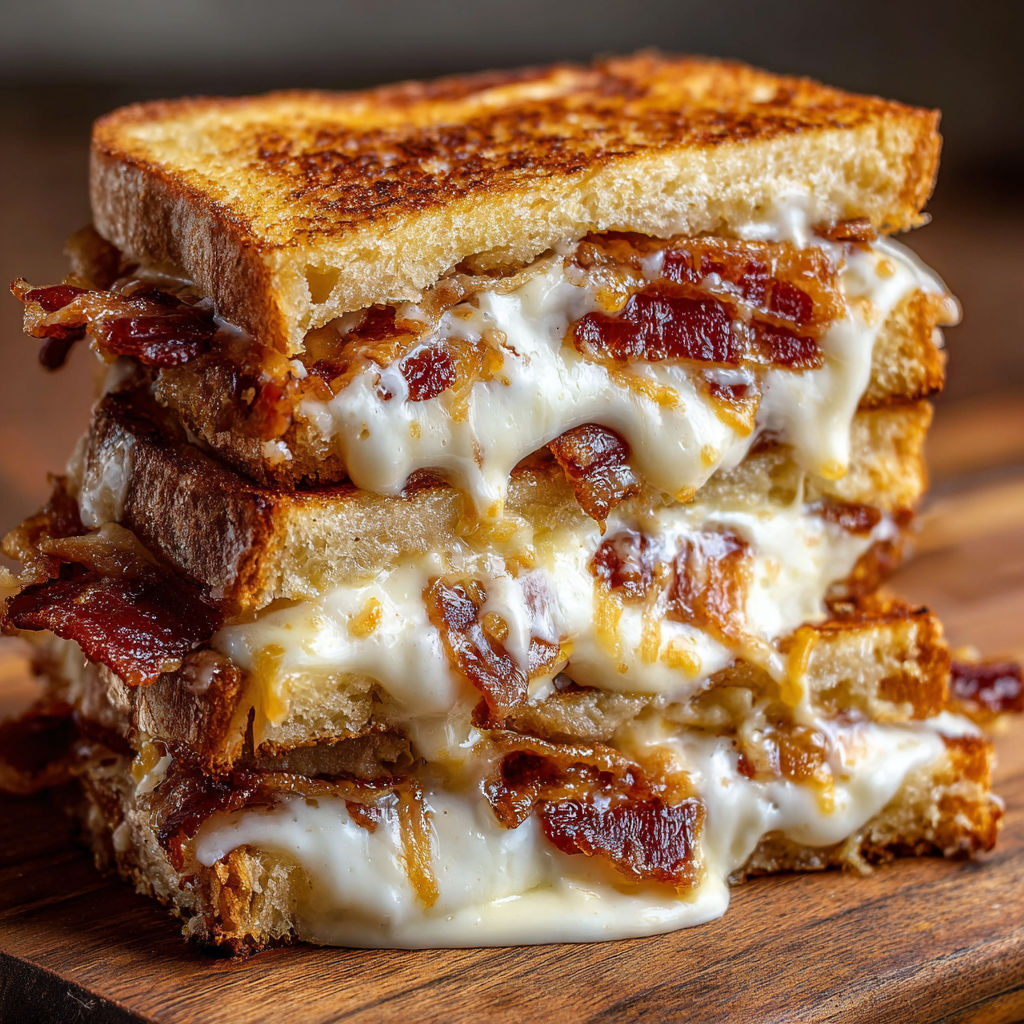 A stack of grilled cheese sandwiches with bacon on a wooden table.