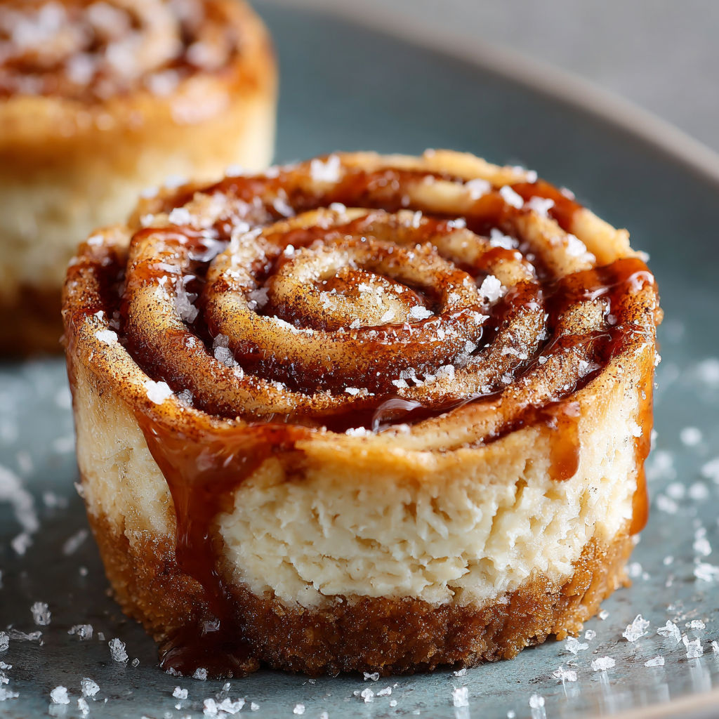 A delicious dessert, possibly a cheesecake, is served on a plate with a drizzle of caramel sauce.