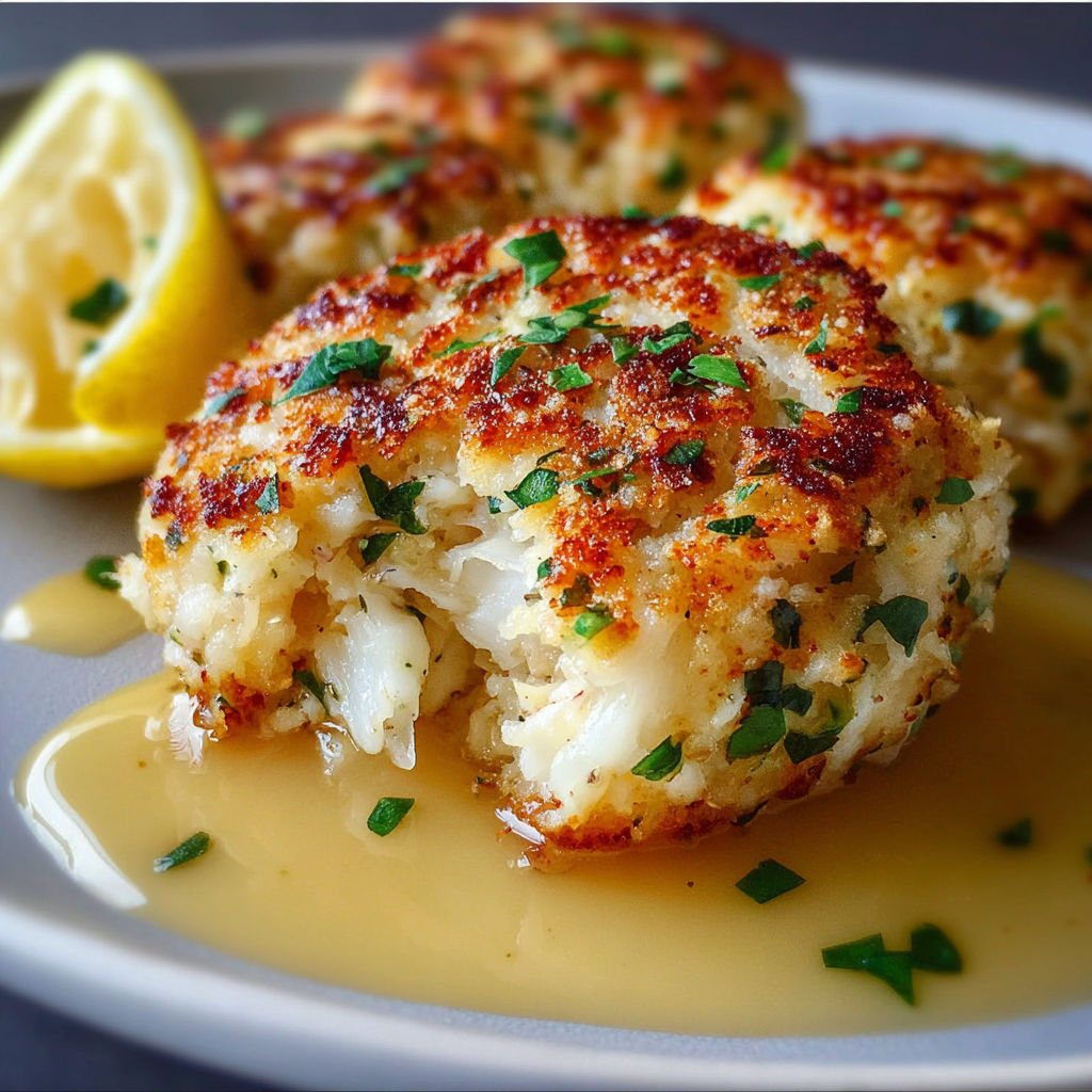 A plate of Cheddar Bay Crab Cakes with Lemon Butter Drizzle.