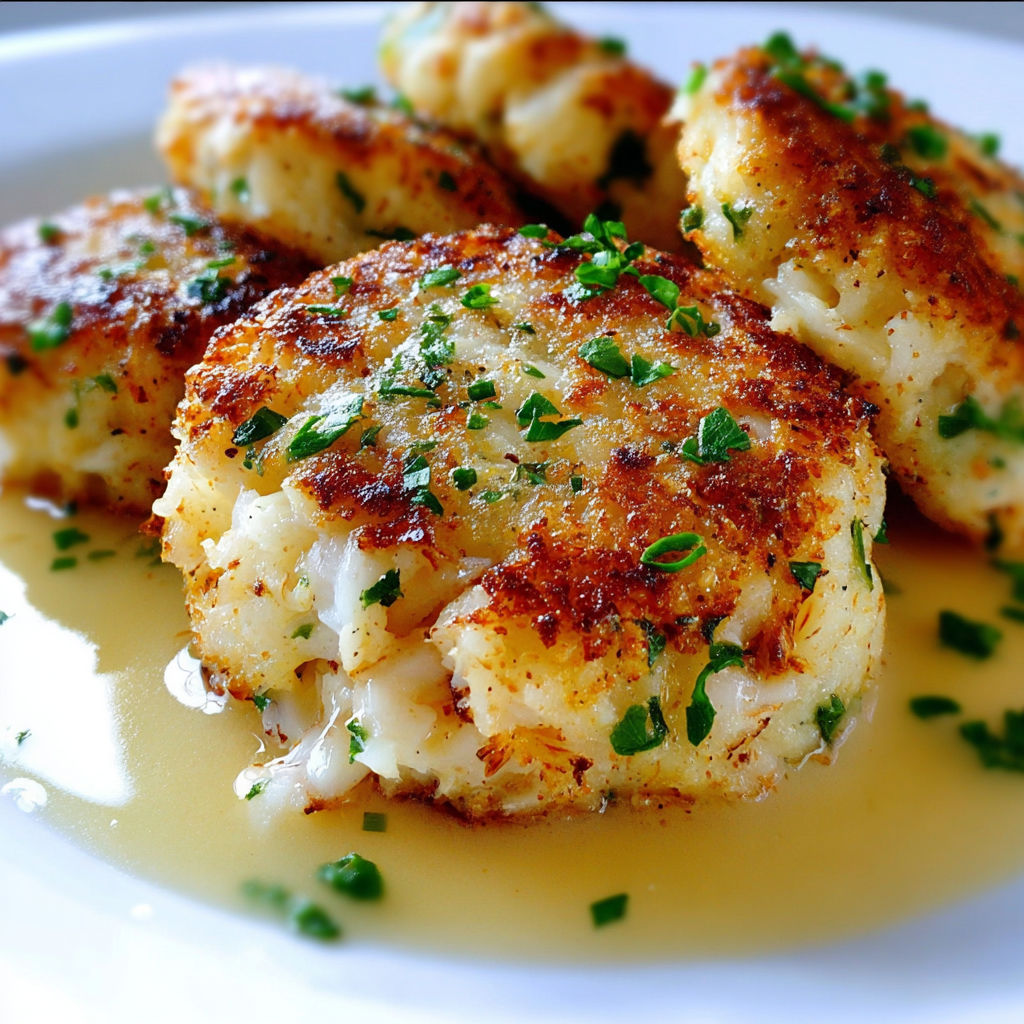 A plate of fried crab cakes with a sauce drizzled over them.