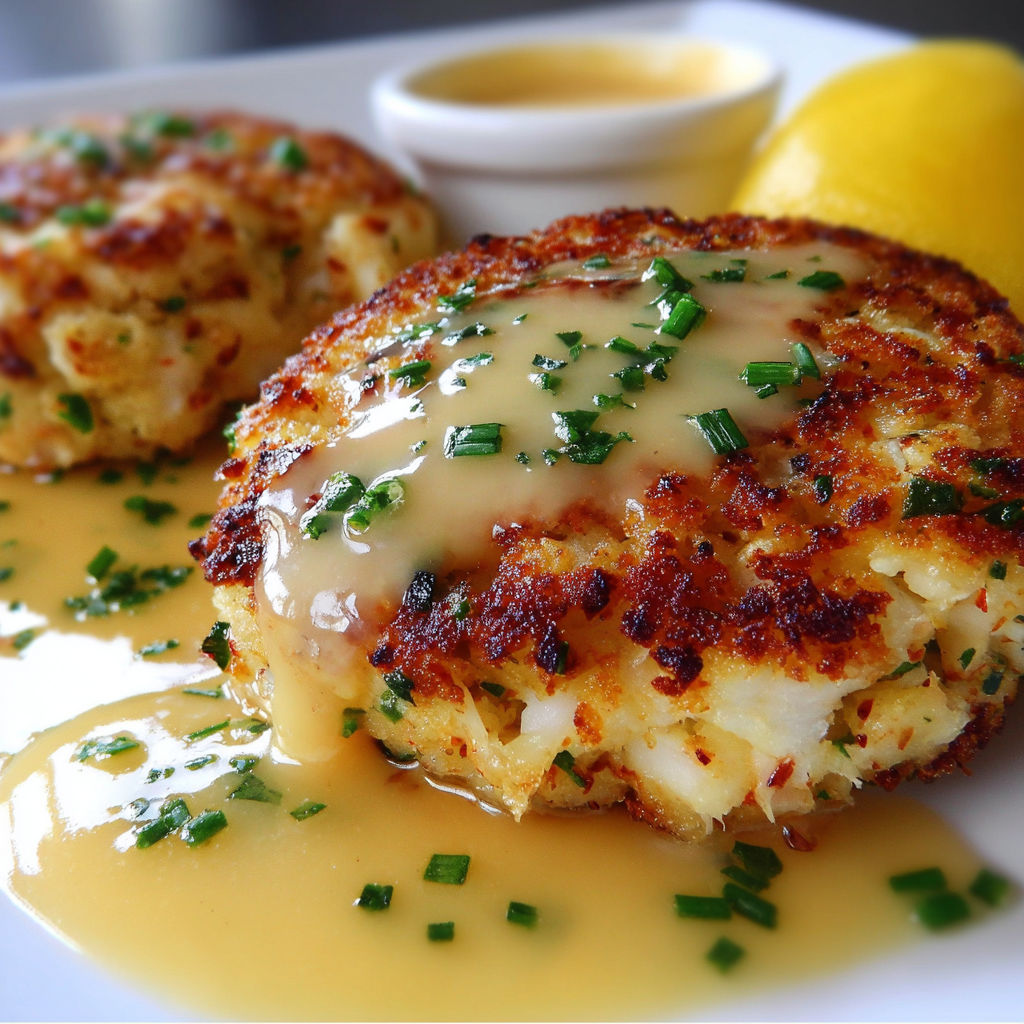 A plate of crab cakes with a white sauce drizzled over them.