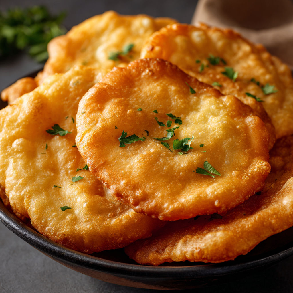 A bowl of fried dough with herbs on top.