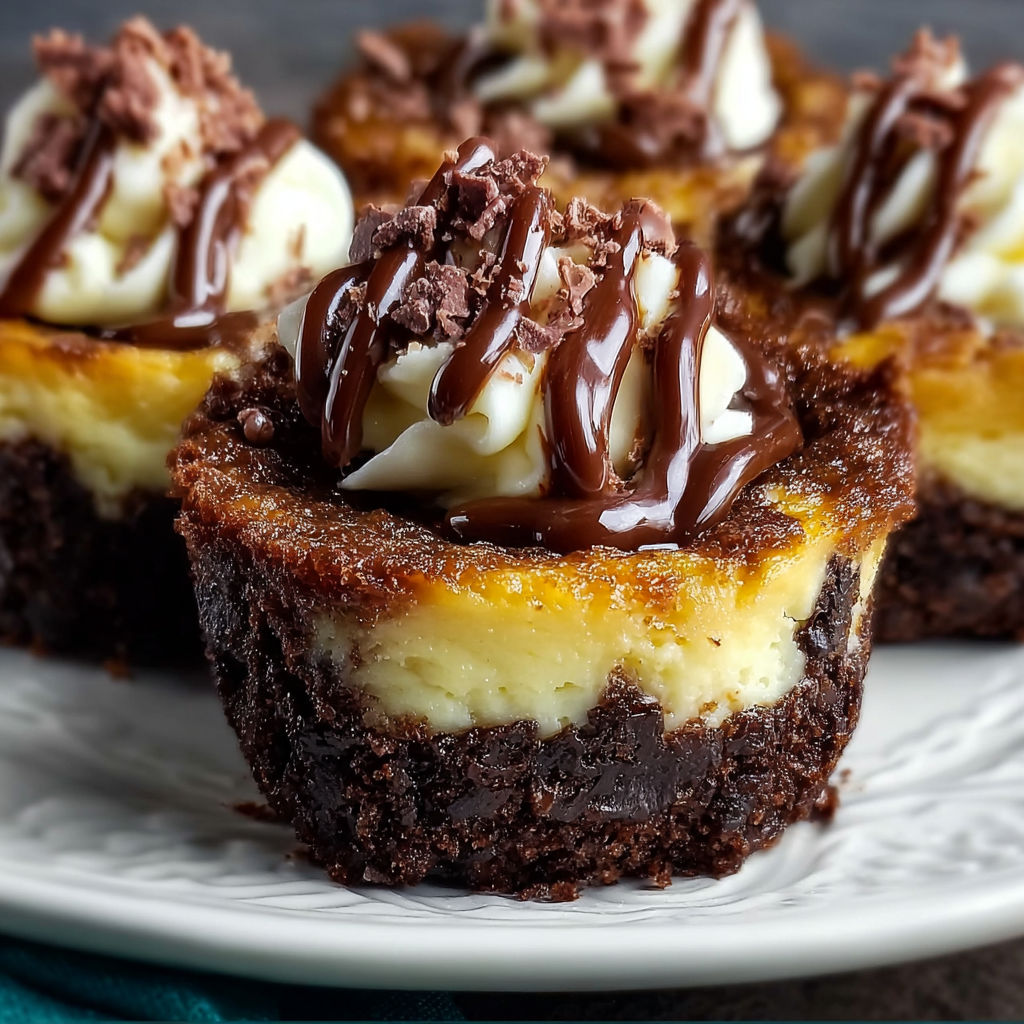 A plate of Loaded Brownie Cheesecake Cups with chocolate drizzle and whipped cream.