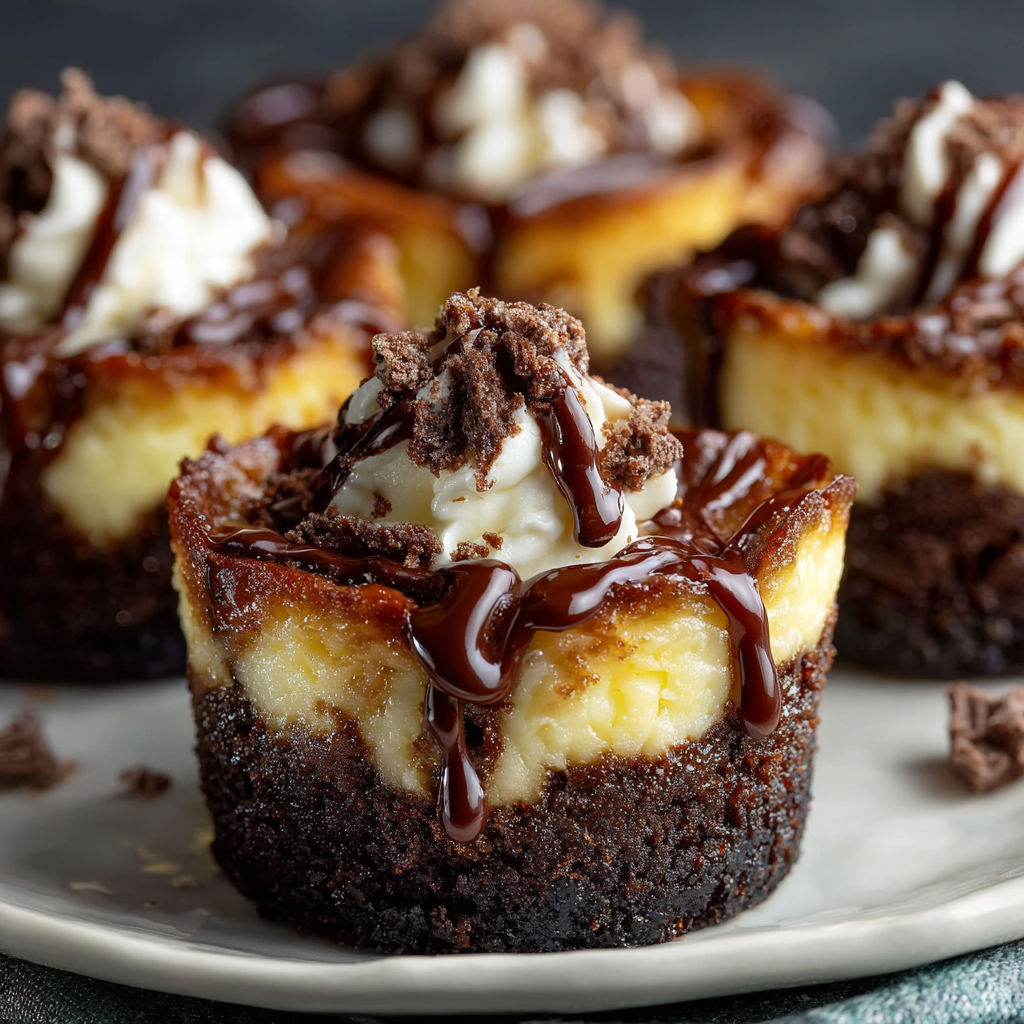 A plate of chocolate cheesecake desserts with chocolate drizzles on top.