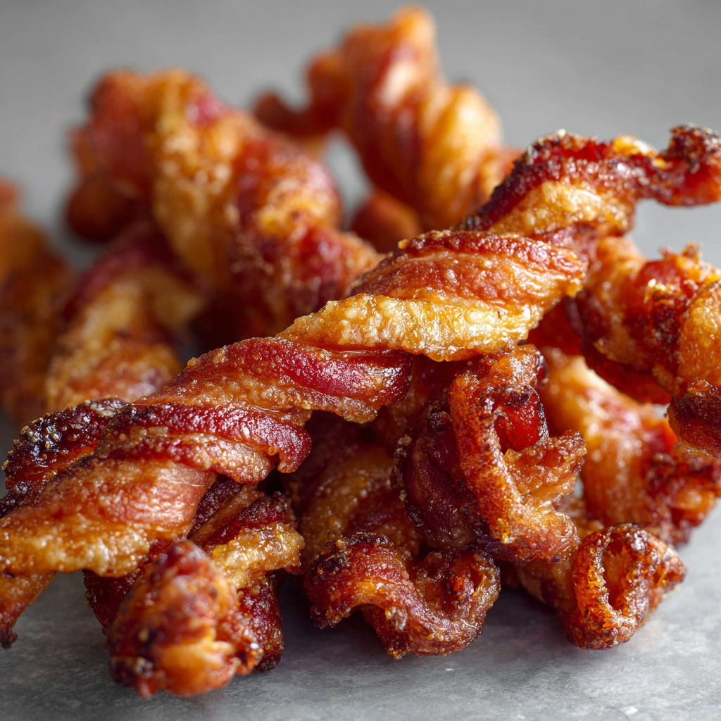 A close-up of cooked bacon in an air fryer, with the bacon strips twisted and arranged on a table.
