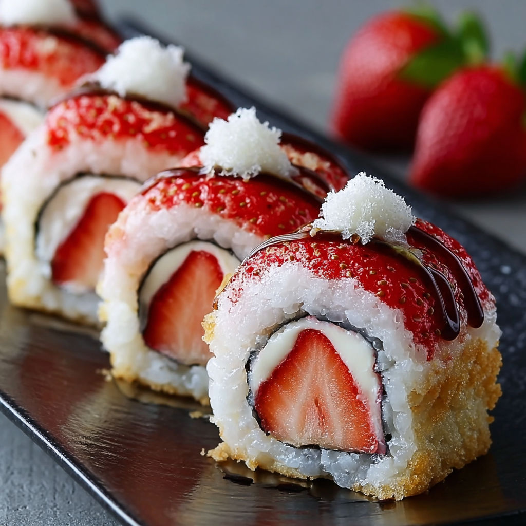 A plate of sushi with strawberries on top, likely a strawberry shortcake sushi.