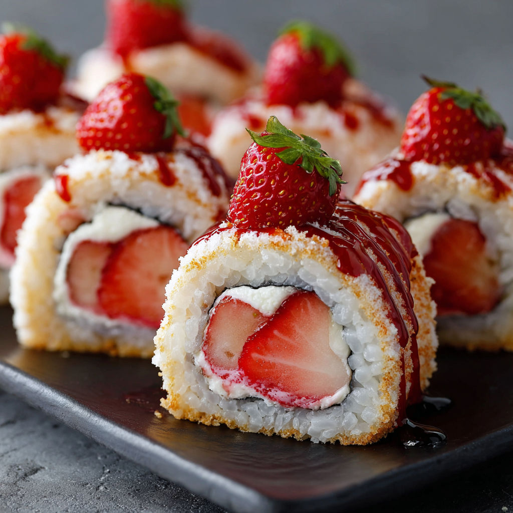 A plate of sushi rolls with strawberries on top.