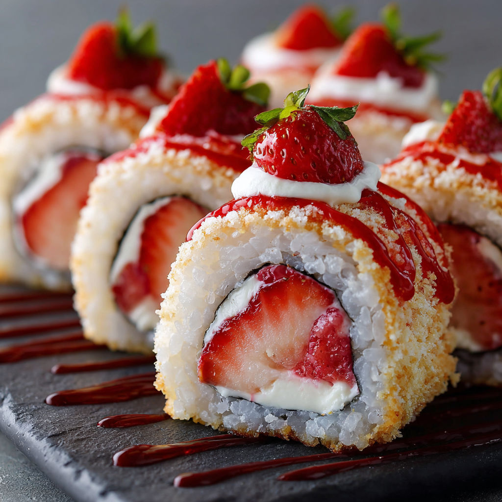 A plate of sushi rolls with strawberries on top, drizzled with chocolate sauce.