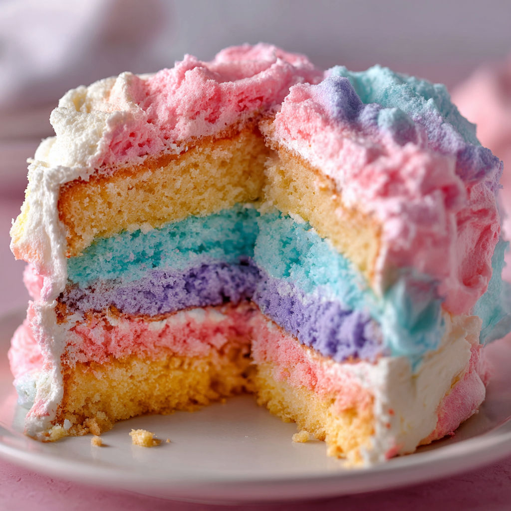 A slice of a rainbow cake with white frosting.