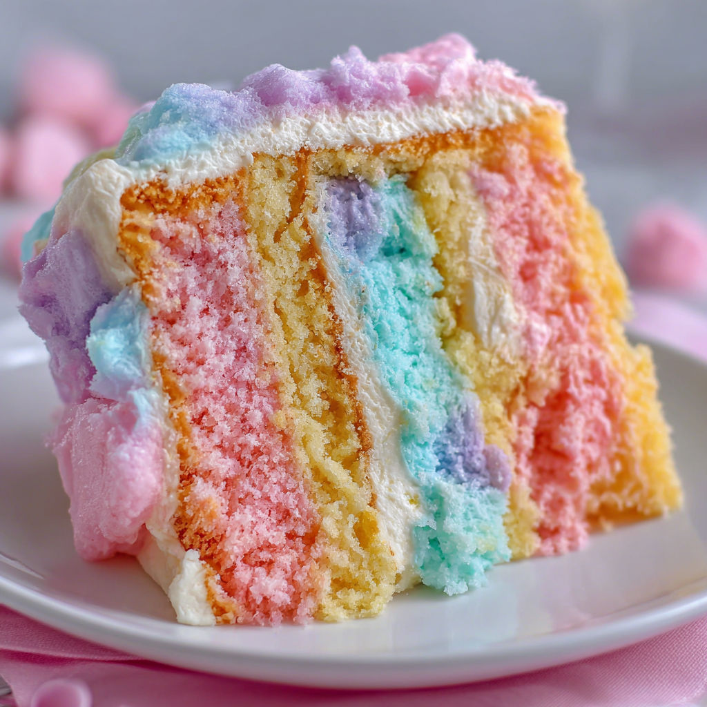 A slice of rainbow cake on a plate.