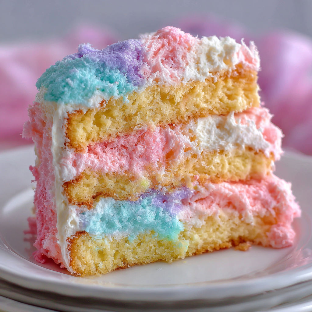 A slice of rainbow cake on a white plate.