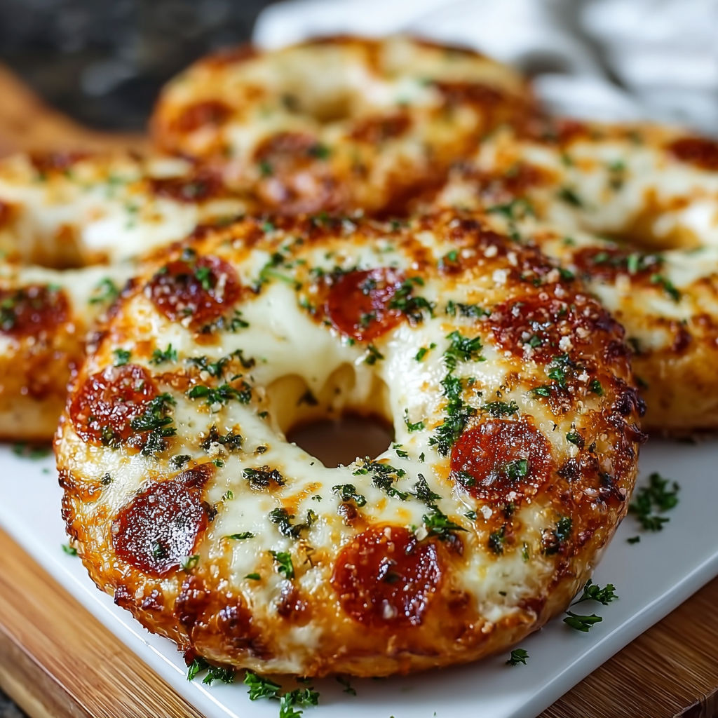 A delicious homemade air fryer pizza bagel with cheese and pepperoni toppings.