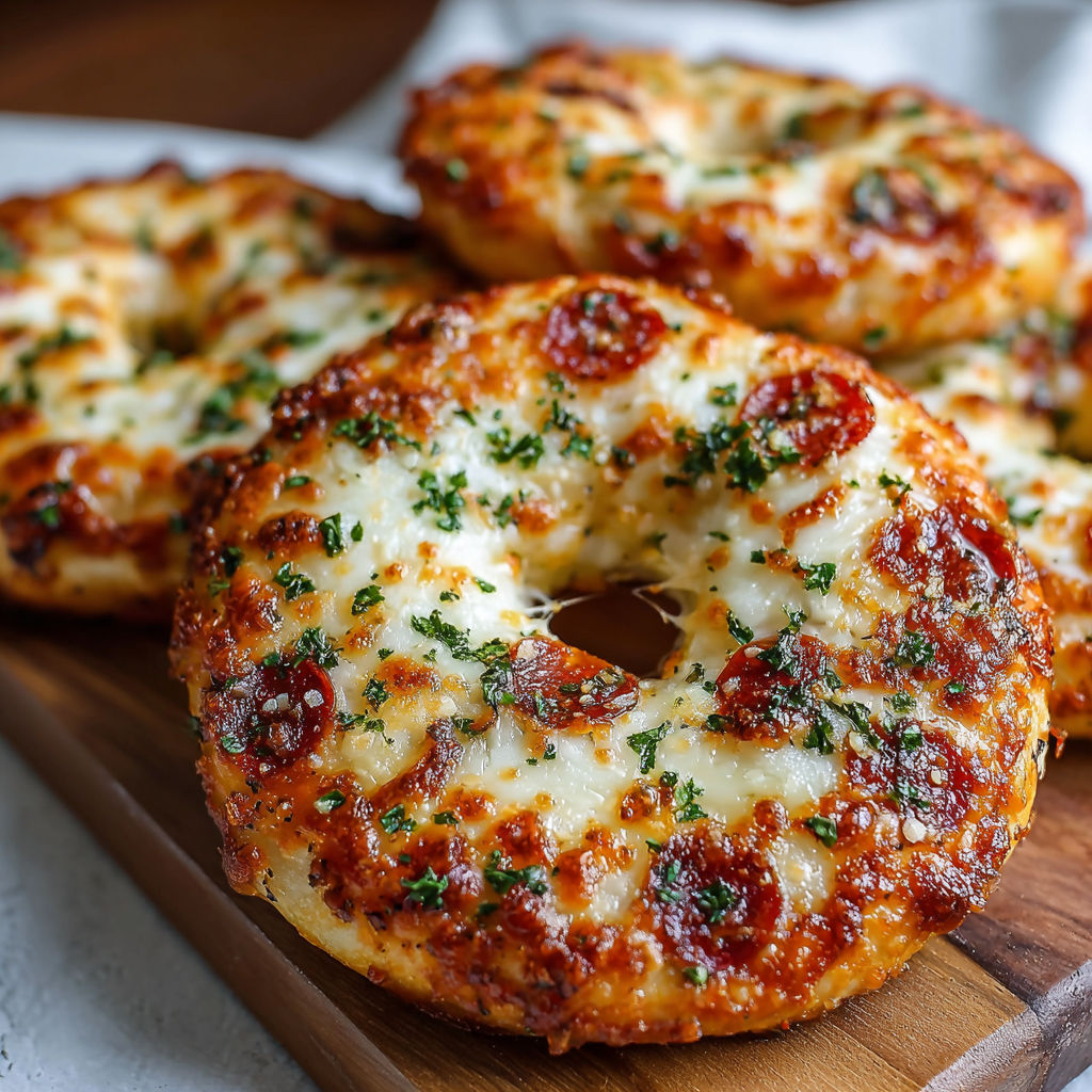 A delicious cheese and tomato pizza bagel is displayed on a wooden cutting board.